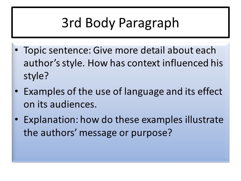 3rd Body Paragraph Topic sentence: Give more detail about each author’s style.