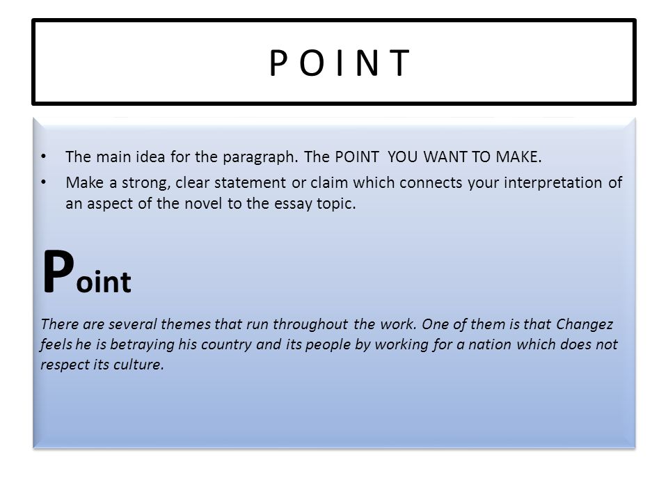 P O I N T The main idea for the paragraph. The POINT YOU WANT TO MAKE.