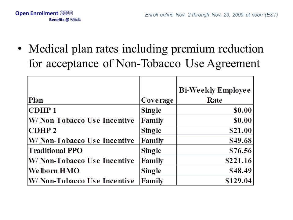 Medical plan rates including premium reduction for acceptance of Non-Tobacco Use Agreement Enroll online Nov.