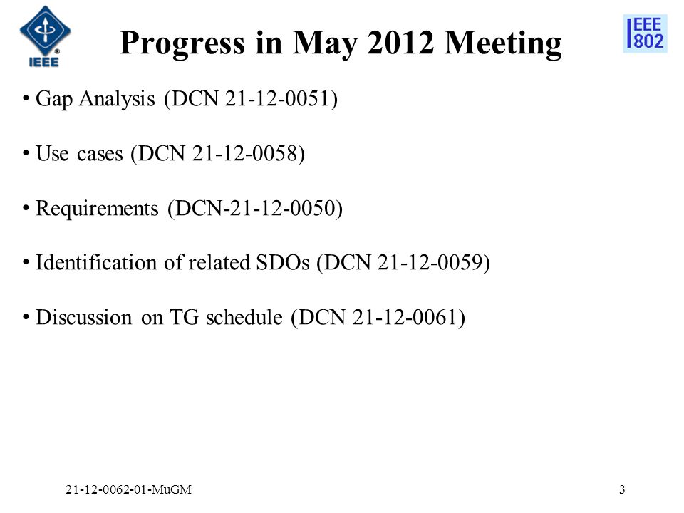 Progress in May 2012 Meeting MuGM3 Gap Analysis (DCN ) Use cases (DCN ) Requirements (DCN ) Identification of related SDOs (DCN ) Discussion on TG schedule (DCN )