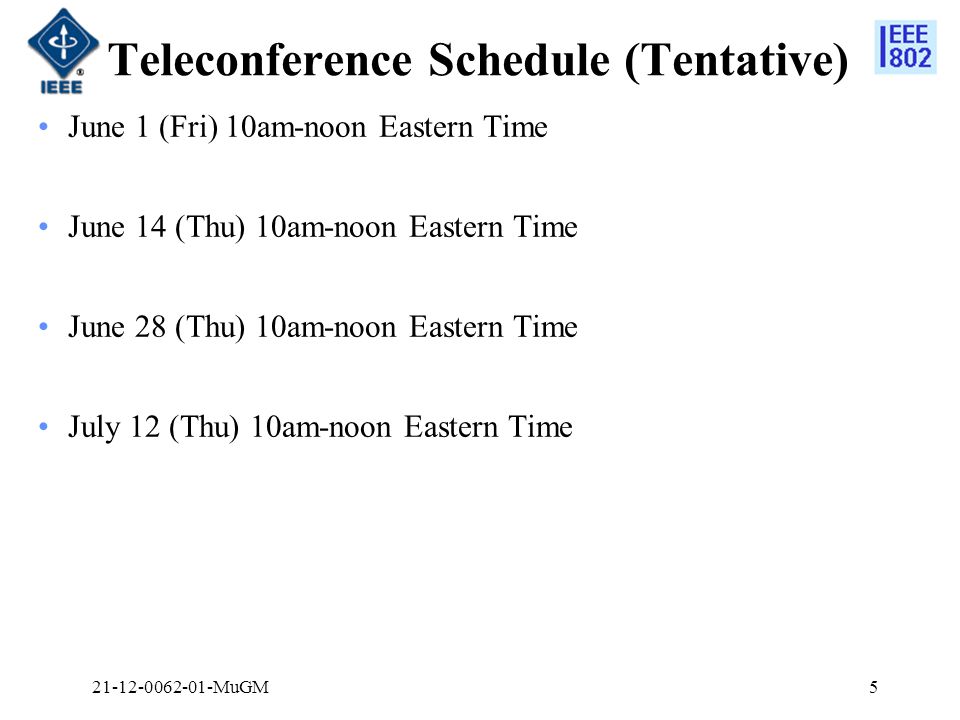 Teleconference Schedule (Tentative) June 1 (Fri) 10am-noon Eastern Time June 14 (Thu) 10am-noon Eastern Time June 28 (Thu) 10am-noon Eastern Time July 12 (Thu) 10am-noon Eastern Time MuGM5