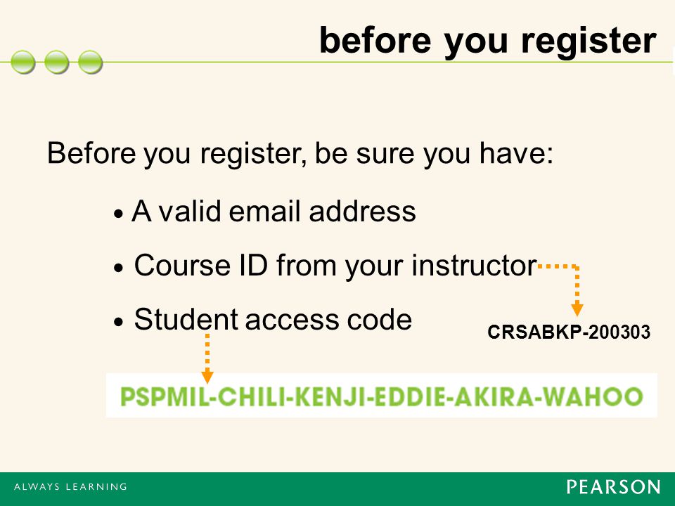 before you register Before you register, be sure you have: A valid  address Course ID from your instructor Student access code CRSABKP