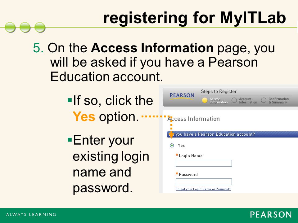 5. On the Access Information page, you will be asked if you have a Pearson Education account.