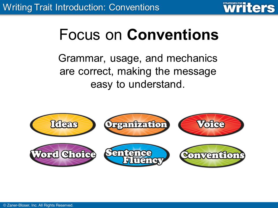 Focus on Conventions Grammar, usage, and mechanics are correct, making the message easy to understand.