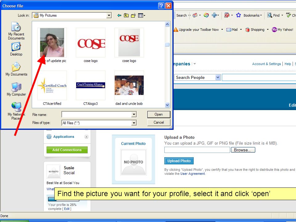 Find the picture you want for your profile, select it and click ‘open’