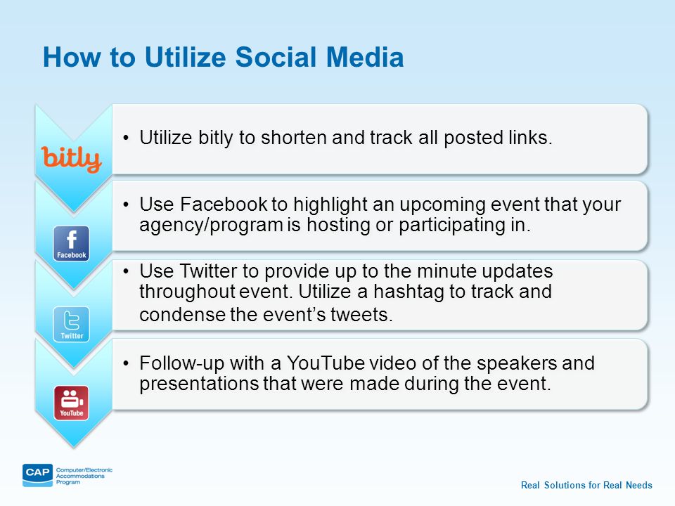 Real Solutions for Real Needs How to Utilize Social Media Utilize bitly to shorten and track all posted links.