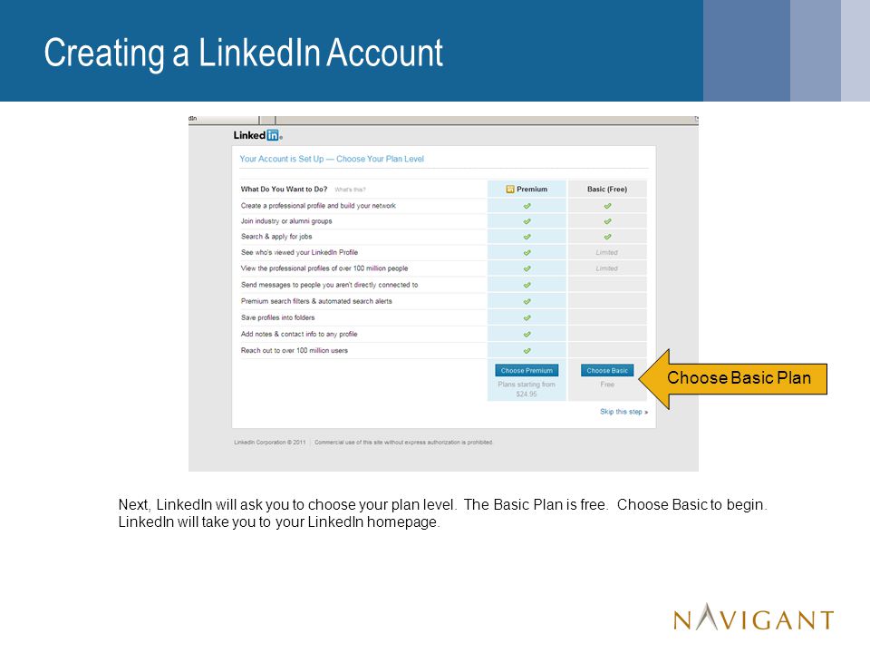 Creating a LinkedIn Account Next, LinkedIn will ask you to choose your plan level.