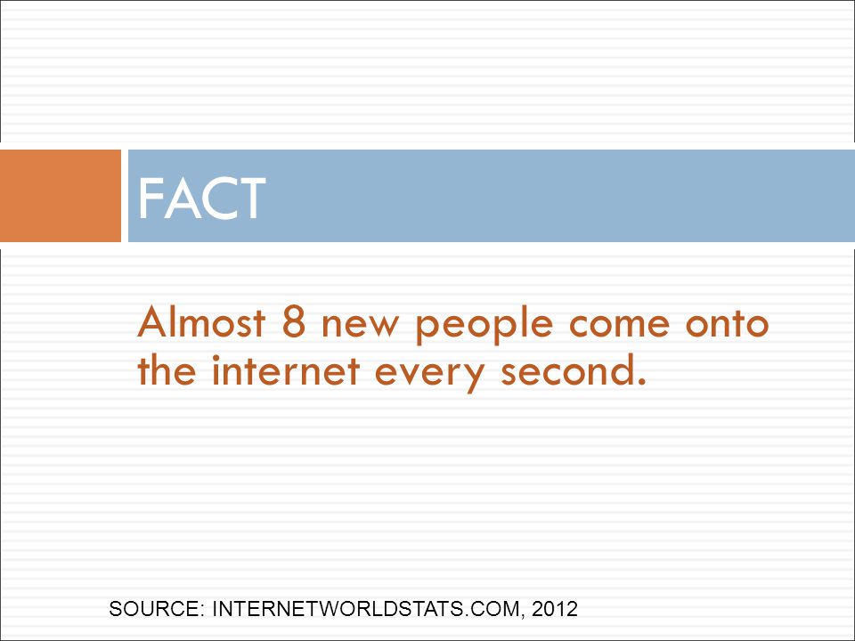 Almost 8 new people come onto the internet every second. FACT SOURCE: INTERNETWORLDSTATS.COM, 2012