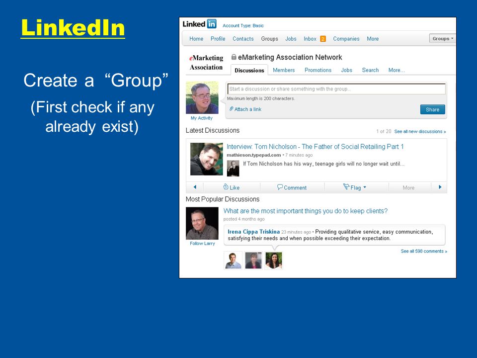 LinkedIn Create a Group (First check if any already exist)