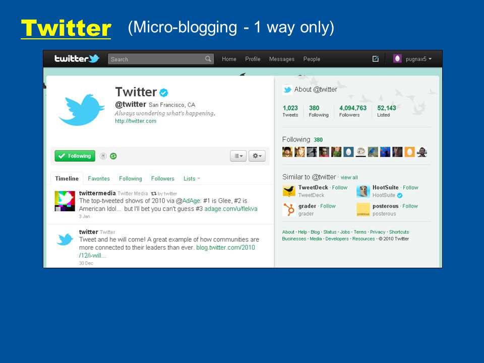 Twitter (Micro-blogging - 1 way only)