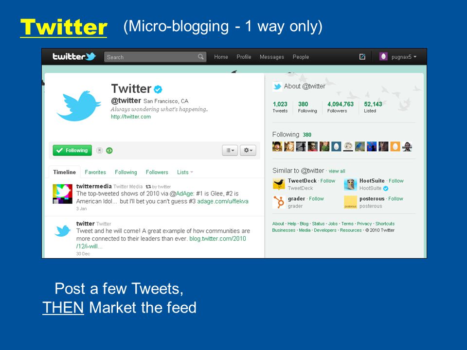 Twitter (Micro-blogging - 1 way only) Post a few Tweets, THEN Market the feed