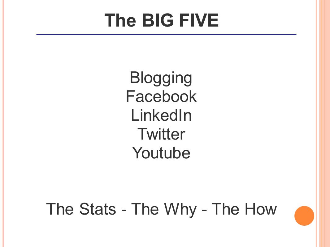 Blogging Facebook LinkedIn Twitter Youtube The Stats - The Why - The How The BIG FIVE
