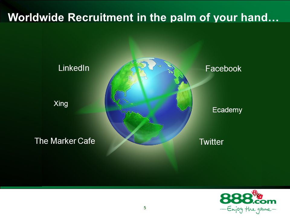 5 Worldwide Recruitment in the palm of your hand… LinkedIn The Marker Cafe Facebook Twitter Xing Ecademy
