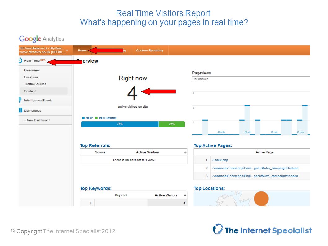 © Copyright The Internet Specialist 2012 Real Time Visitors Report What s happening on your pages in real time