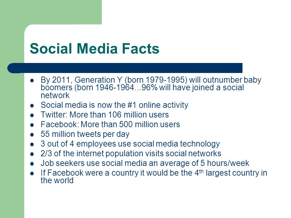 Social Media Facts By 2011, Generation Y (born ) will outnumber baby boomers (born % will have joined a social network Social media is now the #1 online activity Twitter: More than 106 million users Facebook: More than 500 million users 55 million tweets per day 3 out of 4 employees use social media technology 2/3 of the internet population visits social networks Job seekers use social media an average of 5 hours/week If Facebook were a country it would be the 4 th largest country in the world