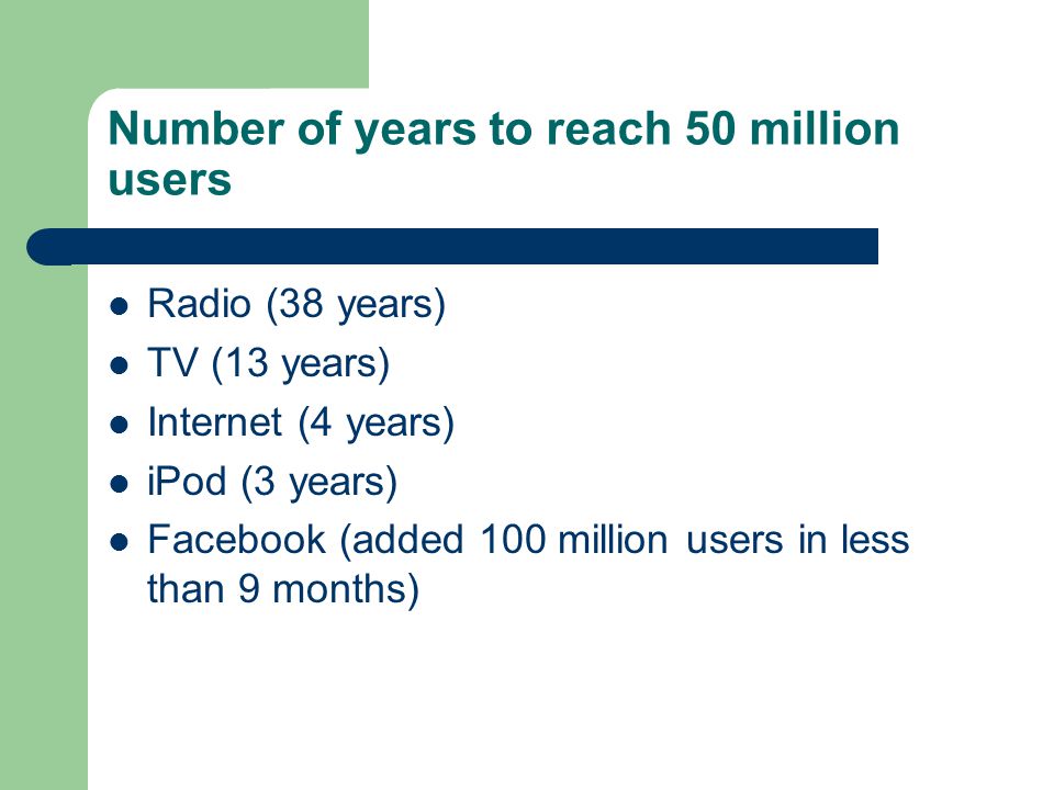 Number of years to reach 50 million users Radio (38 years) TV (13 years) Internet (4 years) iPod (3 years) Facebook (added 100 million users in less than 9 months)