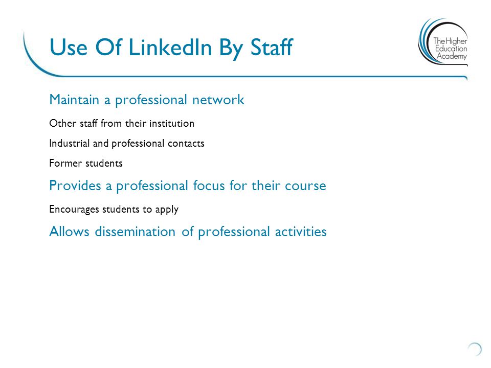 Maintain a professional network Other staff from their institution Industrial and professional contacts Former students Provides a professional focus for their course Encourages students to apply Allows dissemination of professional activities Use Of LinkedIn By Staff