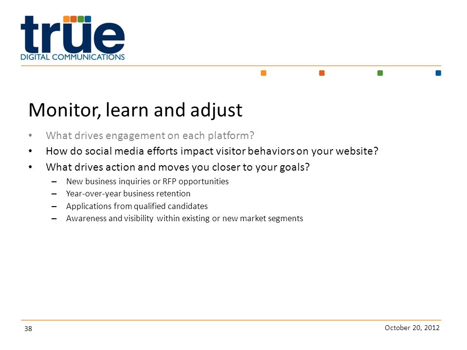 October 20, Monitor, learn and adjust What drives engagement on each platform.