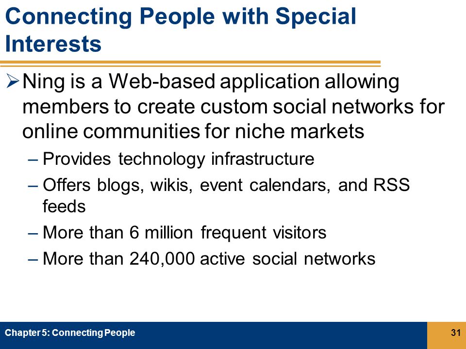 Connecting People with Special Interests  Ning is a Web-based application allowing members to create custom social networks for online communities for niche markets –Provides technology infrastructure –Offers blogs, wikis, event calendars, and RSS feeds –More than 6 million frequent visitors –More than 240,000 active social networks Chapter 5: Connecting People31