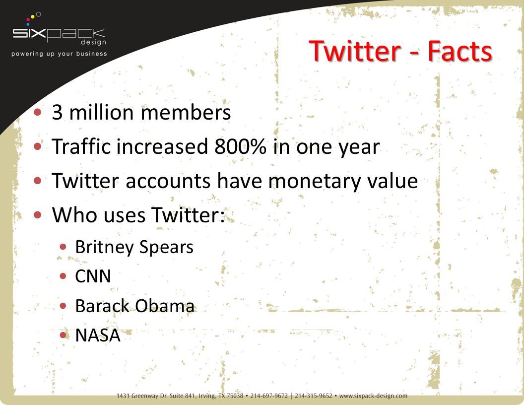 Twitter - Facts 3 million members Traffic increased 800% in one year Twitter accounts have monetary value Who uses Twitter: Britney Spears CNN Barack Obama NASA