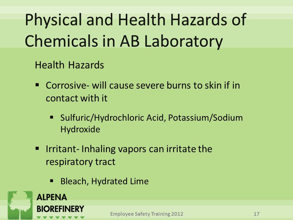 Health Hazards  Corrosive- will cause severe burns to skin if in contact with it  Sulfuric/Hydrochloric Acid, Potassium/Sodium Hydroxide  Irritant- Inhaling vapors can irritate the respiratory tract  Bleach, Hydrated Lime Employee Safety Training