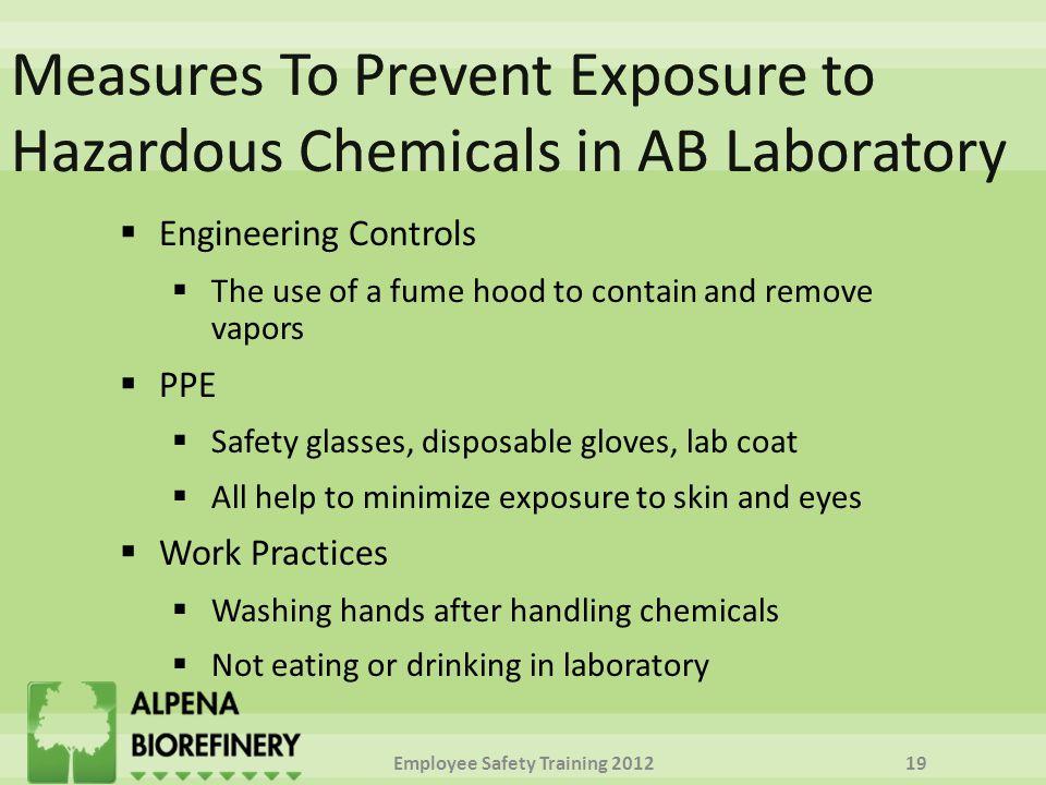  Engineering Controls  The use of a fume hood to contain and remove vapors  PPE  Safety glasses, disposable gloves, lab coat  All help to minimize exposure to skin and eyes  Work Practices  Washing hands after handling chemicals  Not eating or drinking in laboratory Employee Safety Training