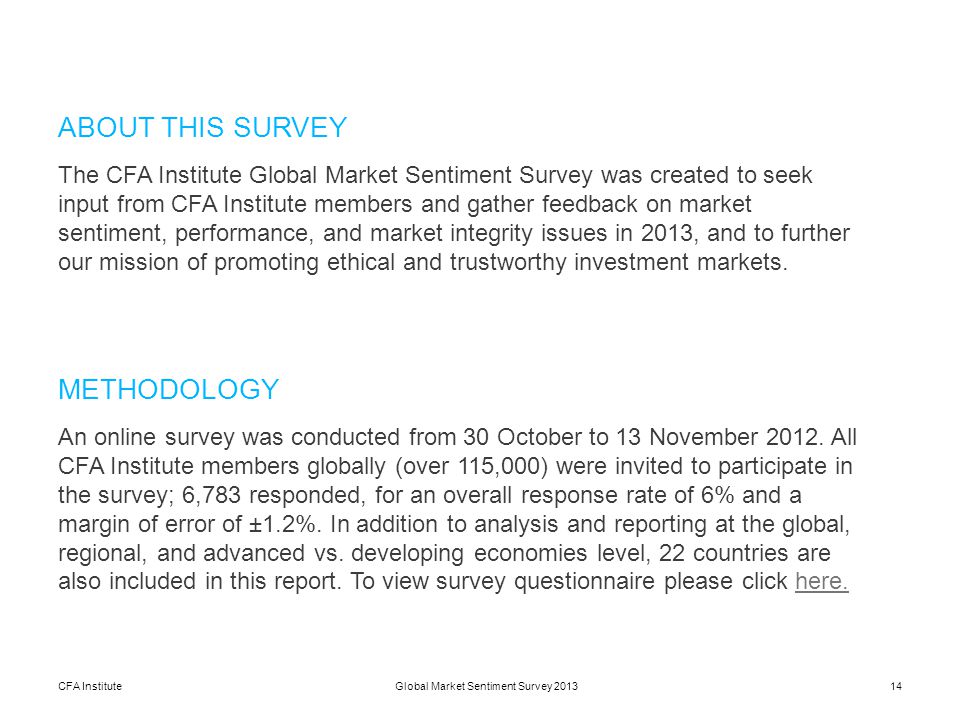CFA Institute14Global Market Sentiment Survey 2013 ABOUT THIS SURVEY The CFA Institute Global Market Sentiment Survey was created to seek input from CFA Institute members and gather feedback on market sentiment, performance, and market integrity issues in 2013, and to further our mission of promoting ethical and trustworthy investment markets.