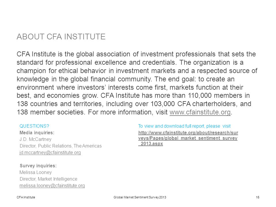 CFA Institute15Global Market Sentiment Survey 2013 ABOUT CFA INSTITUTE CFA Institute is the global association of investment professionals that sets the standard for professional excellence and credentials.