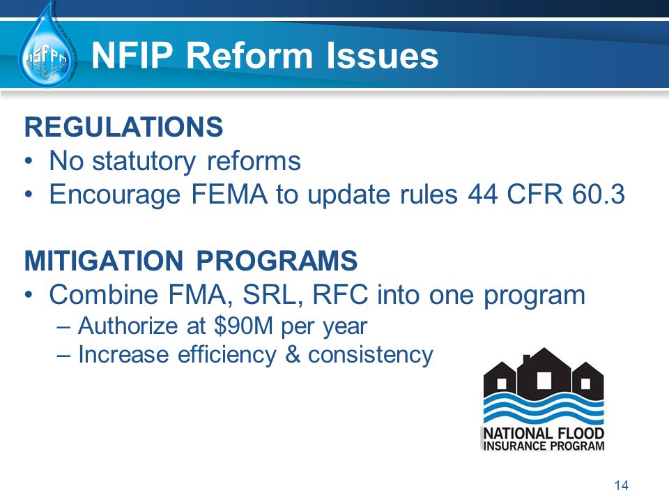 NFIP Reform Issues REGULATIONS No statutory reforms Encourage FEMA to update rules 44 CFR 60.3 MITIGATION PROGRAMS Combine FMA, SRL, RFC into one program –Authorize at $90M per year –Increase efficiency & consistency 14