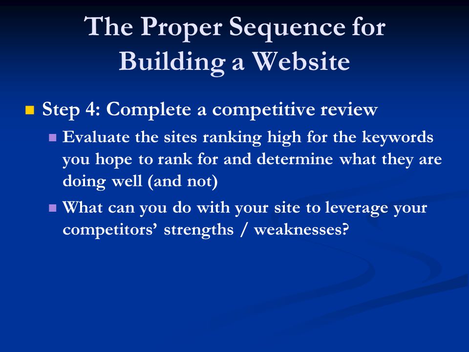 The Proper Sequence for Building a Website Step 4: Complete a competitive review Evaluate the sites ranking high for the keywords you hope to rank for and determine what they are doing well (and not) What can you do with your site to leverage your competitors’ strengths / weaknesses