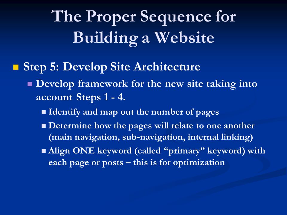 The Proper Sequence for Building a Website Step 5: Develop Site Architecture Develop framework for the new site taking into account Steps