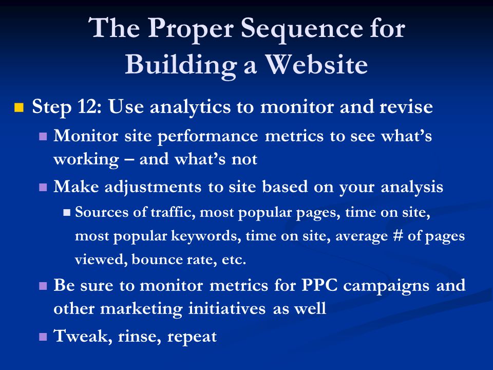 The Proper Sequence for Building a Website Step 12: Use analytics to monitor and revise Monitor site performance metrics to see what’s working – and what’s not Make adjustments to site based on your analysis Sources of traffic, most popular pages, time on site, most popular keywords, time on site, average # of pages viewed, bounce rate, etc.