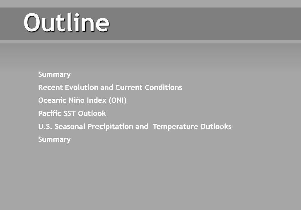 Outline Summary Recent Evolution and Current Conditions Oceanic Niño Index (ONI) Pacific SST Outlook U.S.