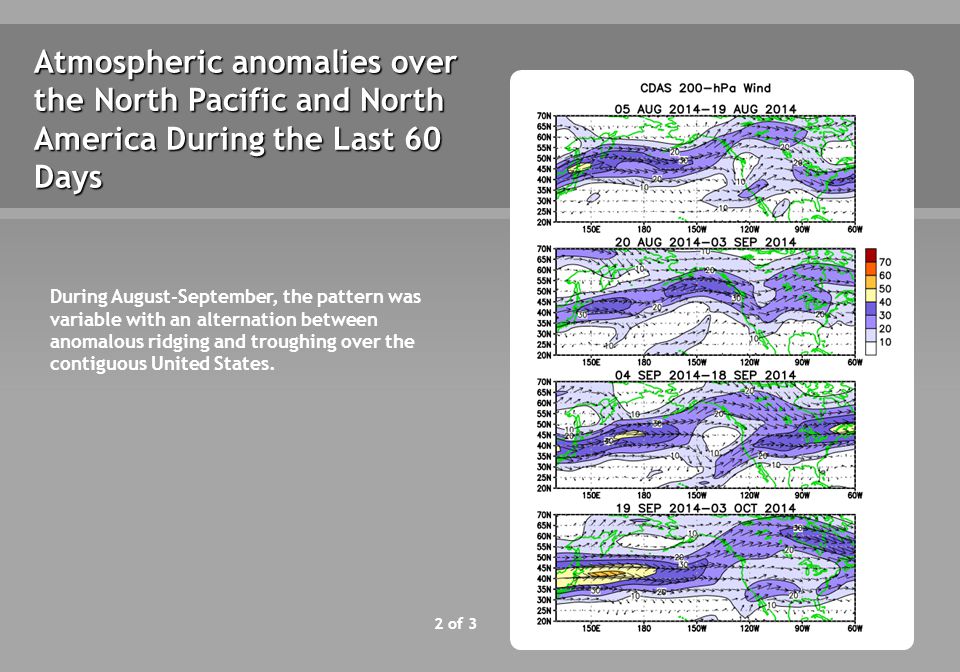 2 of 3 Atmospheric anomalies over the North Pacific and North America During the Last 60 Days During August-September, the pattern was variable with an alternation between anomalous ridging and troughing over the contiguous United States.