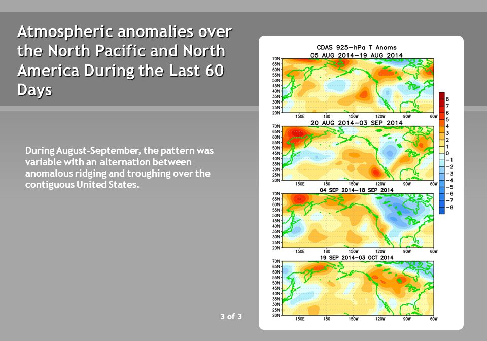 3 of 3 Atmospheric anomalies over the North Pacific and North America During the Last 60 Days During August-September, the pattern was variable with an alternation between anomalous ridging and troughing over the contiguous United States.