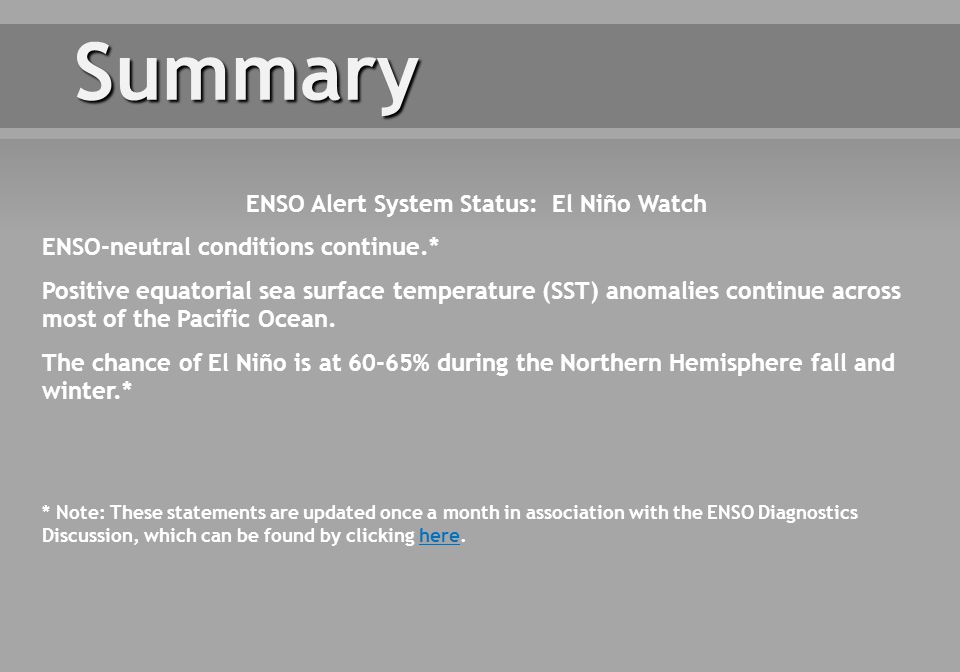 * Note: These statements are updated once a month in association with the ENSO Diagnostics Discussion, which can be found by clicking here.here Summary ENSO Alert System Status: El Niño Watch ENSO-neutral conditions continue.* Positive equatorial sea surface temperature (SST) anomalies continue across most of the Pacific Ocean.