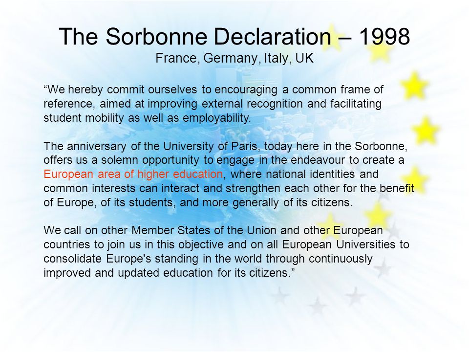 The Sorbonne Declaration – 1998 France, Germany, Italy, UK We hereby commit ourselves to encouraging a common frame of reference, aimed at improving external recognition and facilitating student mobility as well as employability.