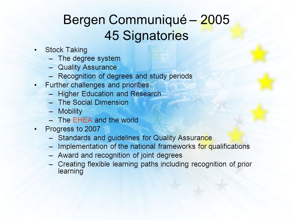 Bergen Communiqué – Signatories Stock Taking –The degree system –Quality Assurance –Recognition of degrees and study periods Further challenges and priorities –Higher Education and Research –The Social Dimension –Mobility –The EHEA and the world Progress to 2007 –Standards and guidelines for Quality Assurance –Implementation of the national frameworks for qualifications –Award and recognition of joint degrees –Creating flexible learning paths including recognition of prior learning