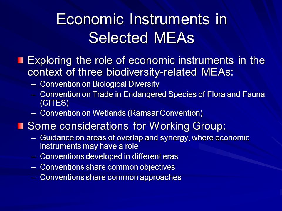 Economic Instruments in Selected MEAs Exploring the role of economic instruments in the context of three biodiversity-related MEAs: –Convention on Biological Diversity –Convention on Trade in Endangered Species of Flora and Fauna (CITES) –Convention on Wetlands (Ramsar Convention) Some considerations for Working Group: –Guidance on areas of overlap and synergy, where economic instruments may have a role –Conventions developed in different eras –Conventions share common objectives –Conventions share common approaches