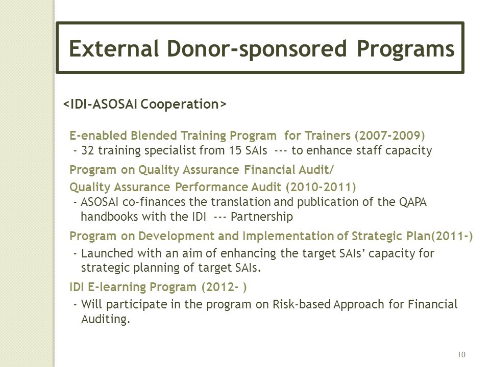 External Donor-sponsored Programs 10 E-enabled Blended Training Program for Trainers ( ) - 32 training specialist from 15 SAIs --- to enhance staff capacity Program on Quality Assurance Financial Audit/ Quality Assurance Performance Audit ( ) - ASOSAI co-finances the translation and publication of the QAPA handbooks with the IDI --- Partnership Program on Development and Implementation of Strategic Plan(2011-) - Launched with an aim of enhancing the target SAIs’ capacity for strategic planning of target SAIs.