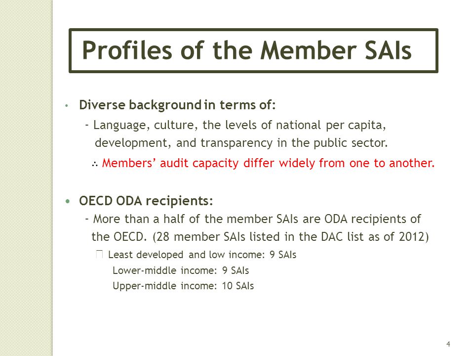 Profiles of the Member SAIs Diverse background in terms of: - Language, culture, the levels of national per capita, development, and transparency in the public sector.
