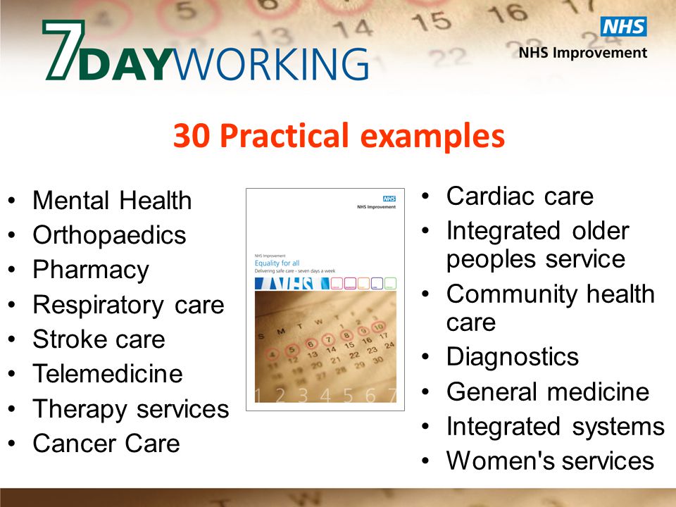30 Practical examples Mental Health Orthopaedics Pharmacy Respiratory care Stroke care Telemedicine Therapy services Cancer Care Cardiac care Integrated older peoples service Community health care Diagnostics General medicine Integrated systems Women s services