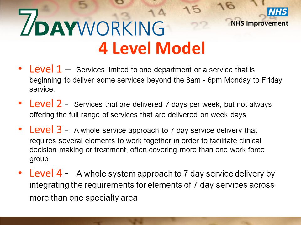 4 Level Model Level 1 – Services limited to one department or a service that is beginning to deliver some services beyond the 8am - 6pm Monday to Friday service.