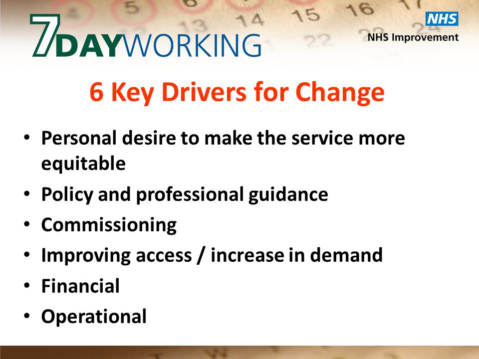 6 Key Drivers for Change Personal desire to make the service more equitable Policy and professional guidance Commissioning Improving access / increase in demand Financial Operational