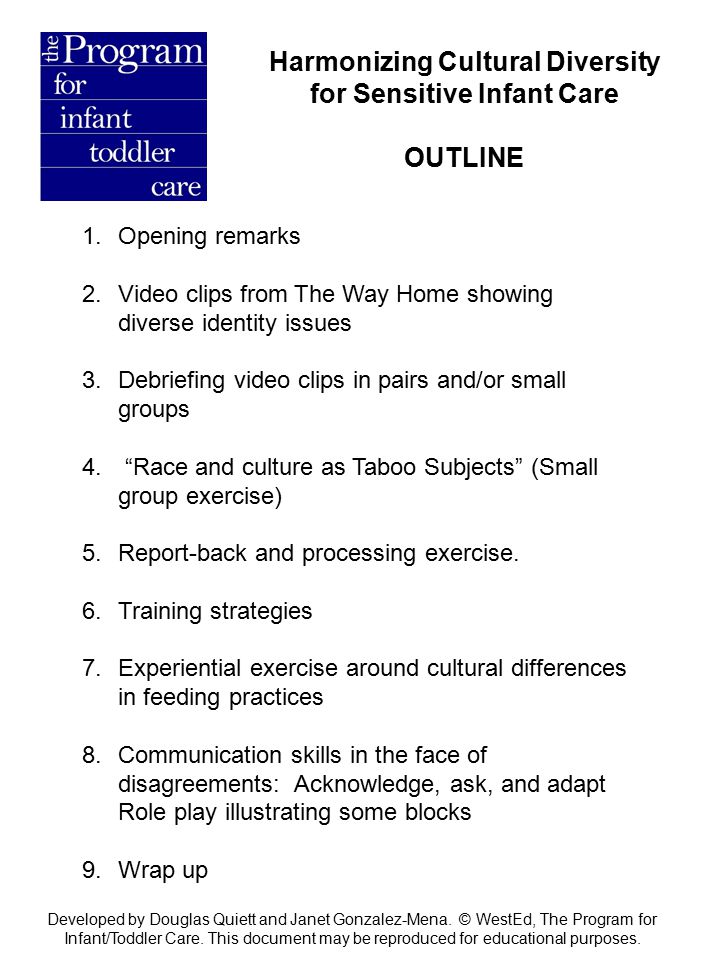 Harmonizing Cultural Diversity for Sensitive Infant Care OUTLINE 1.Opening remarks 2.Video clips from The Way Home showing diverse identity issues 3.Debriefing video clips in pairs and/or small groups 4.