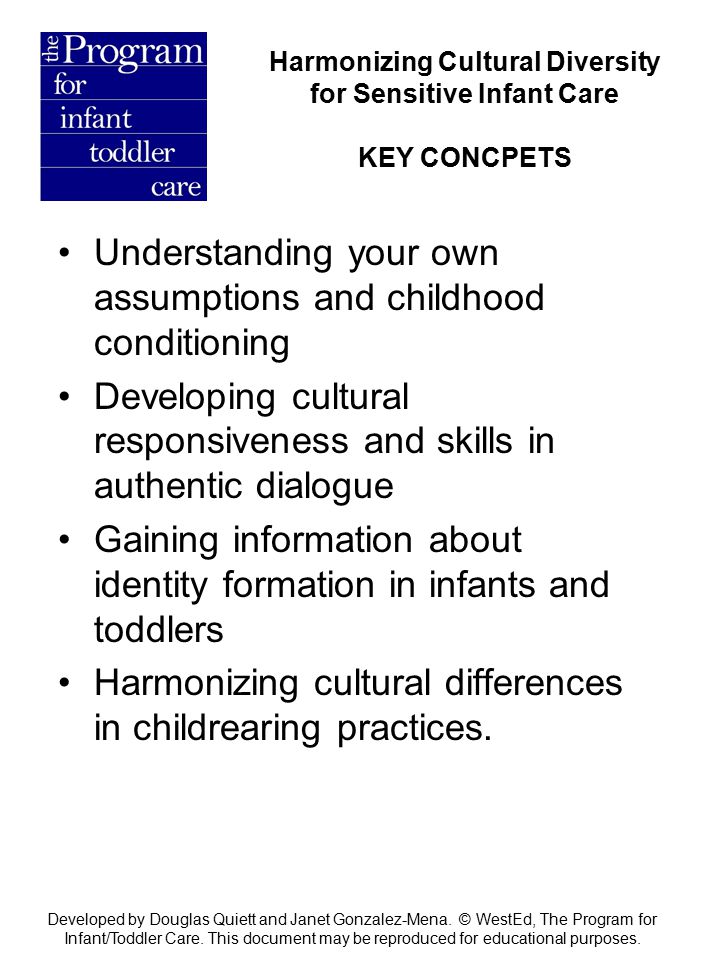 Understanding your own assumptions and childhood conditioning Developing cultural responsiveness and skills in authentic dialogue Gaining information about identity formation in infants and toddlers Harmonizing cultural differences in childrearing practices.