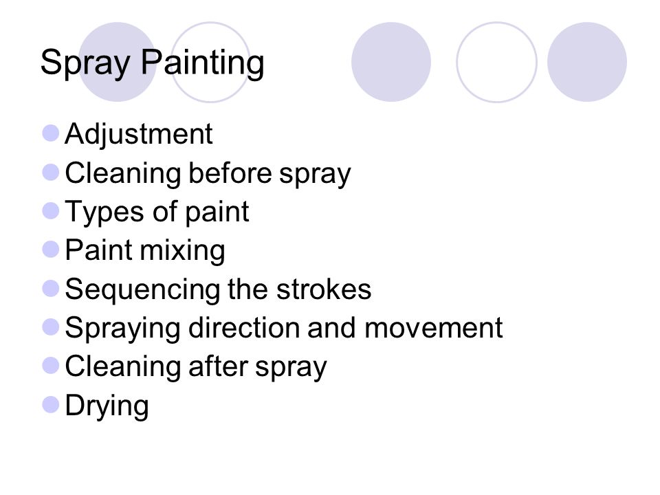 Spray Painting Adjustment Cleaning before spray Types of paint Paint mixing Sequencing the strokes Spraying direction and movement Cleaning after spray Drying