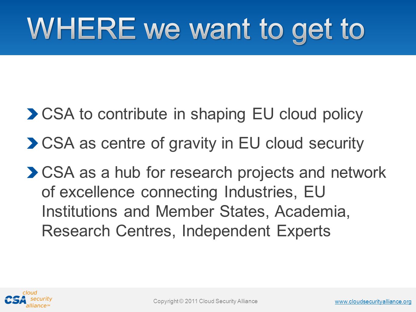Copyright © 2011 Cloud Security Alliance   Copyright © 2011 Cloud Security Alliance   Copyright © 2011 Cloud Security Alliance   Copyright © 2011 Cloud Security Alliance CSA to contribute in shaping EU cloud policy CSA as centre of gravity in EU cloud security CSA as a hub for research projects and network of excellence connecting Industries, EU Institutions and Member States, Academia, Research Centres, Independent Experts