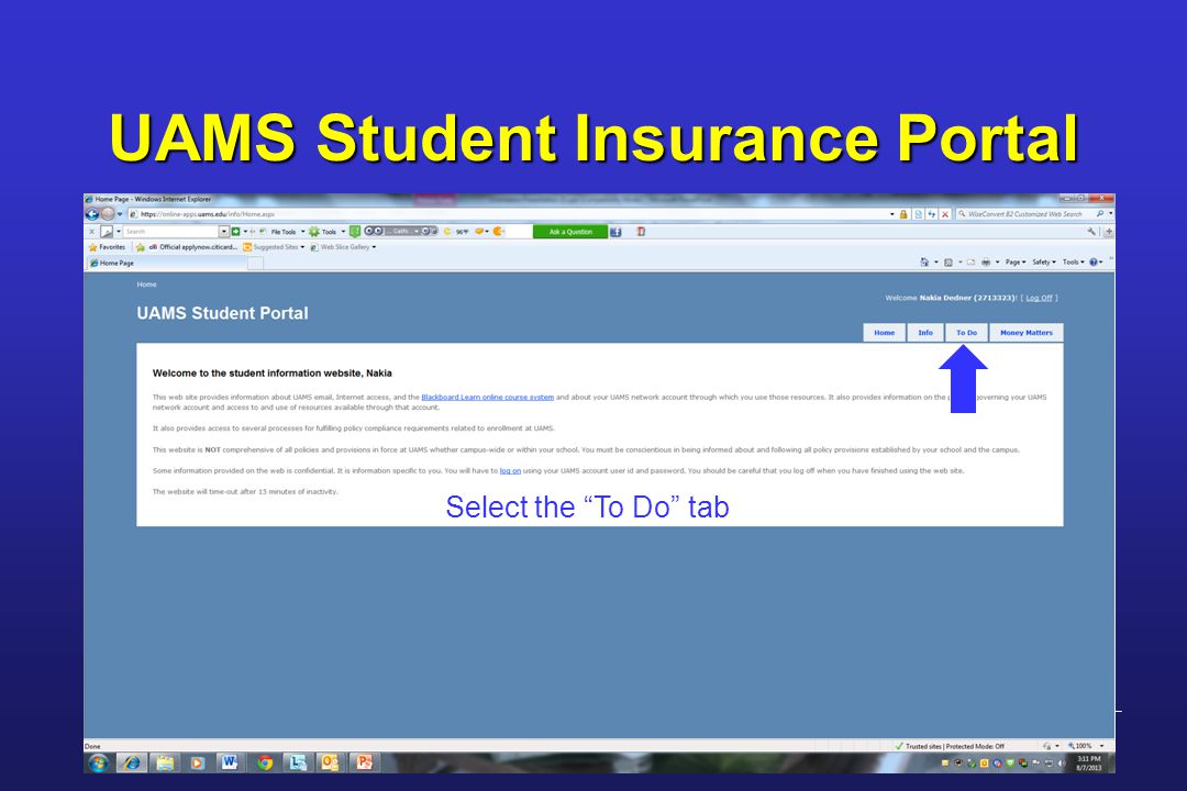 UAMS Student Insurance Portal Select the To Do tab