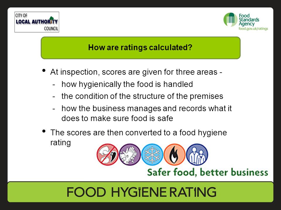 At inspection, scores are given for three areas - -how hygienically the food is handled -the condition of the structure of the premises -how the business manages and records what it does to make sure food is safe The scores are then converted to a food hygiene rating How are ratings calculated